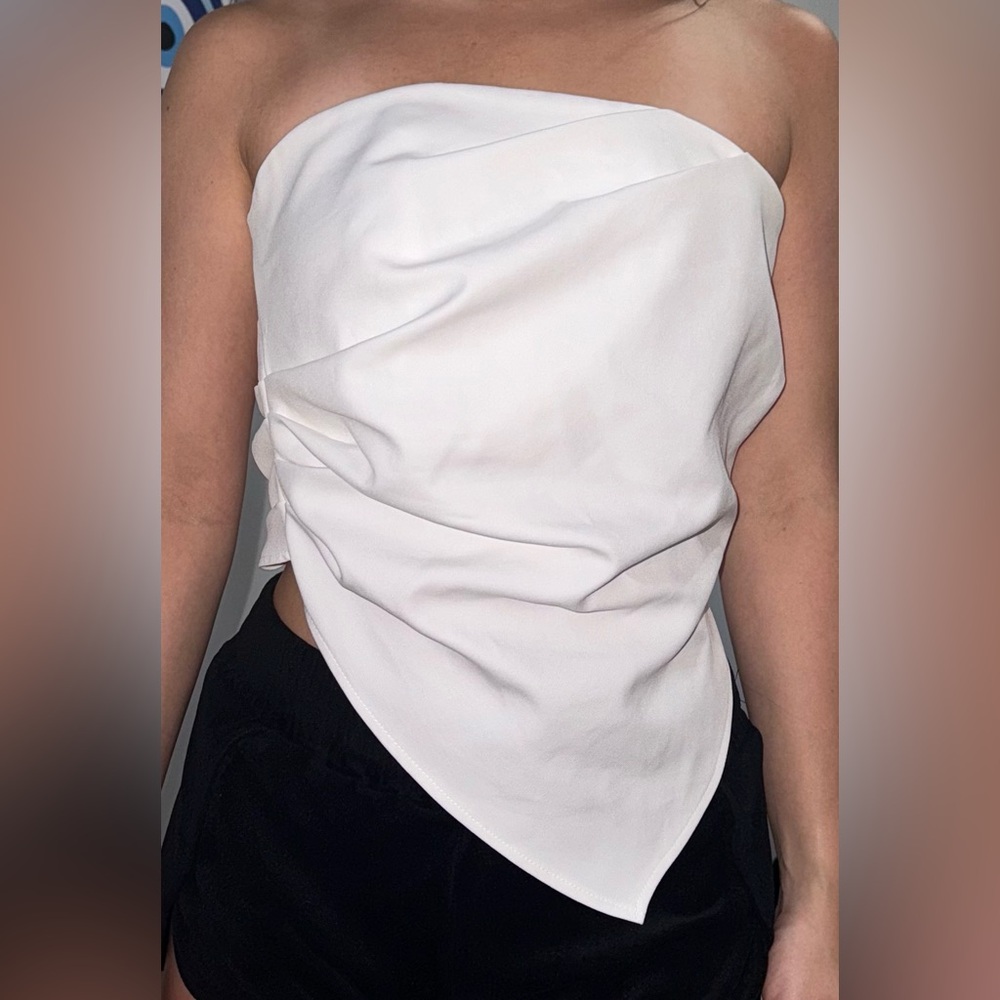 Zara strapless ruched asymmetrical white top
